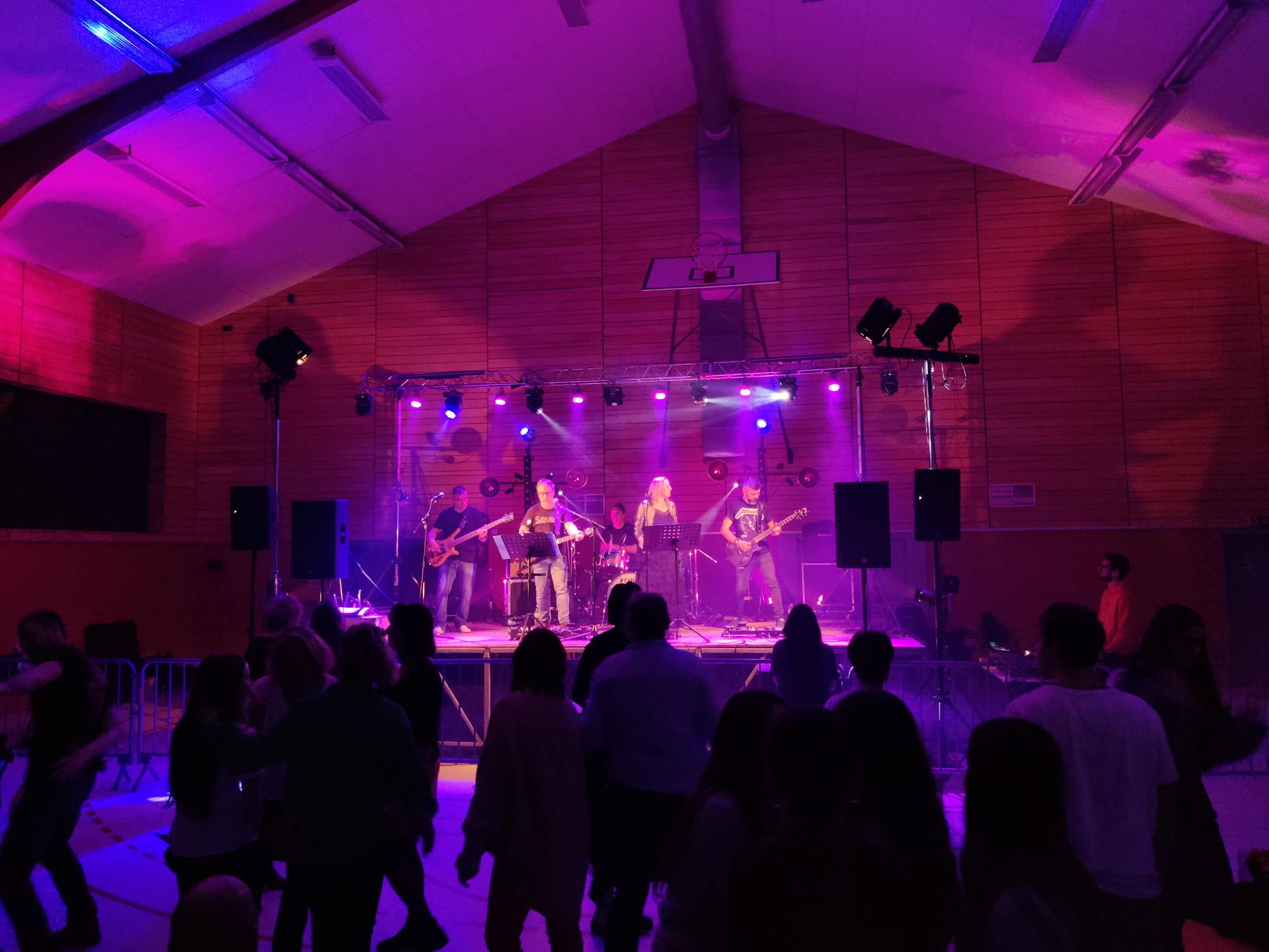 Sonorisation de groupe pour fête de village avec groupe sur scène, public qui danse, sonorisation et lumière Luxen Event